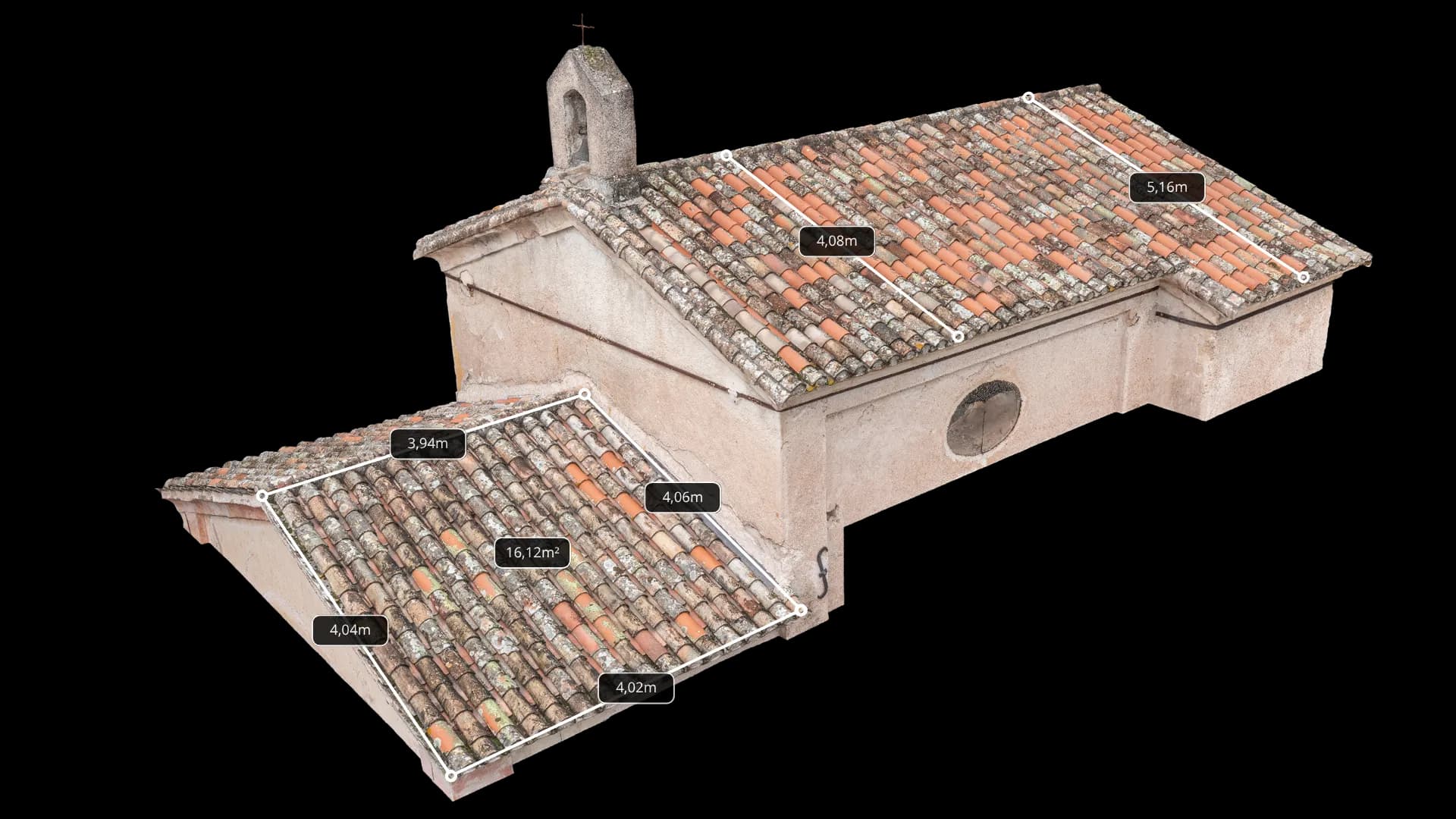 Inspection visuelle 3D — prise de mesures sur toiture de chapelle