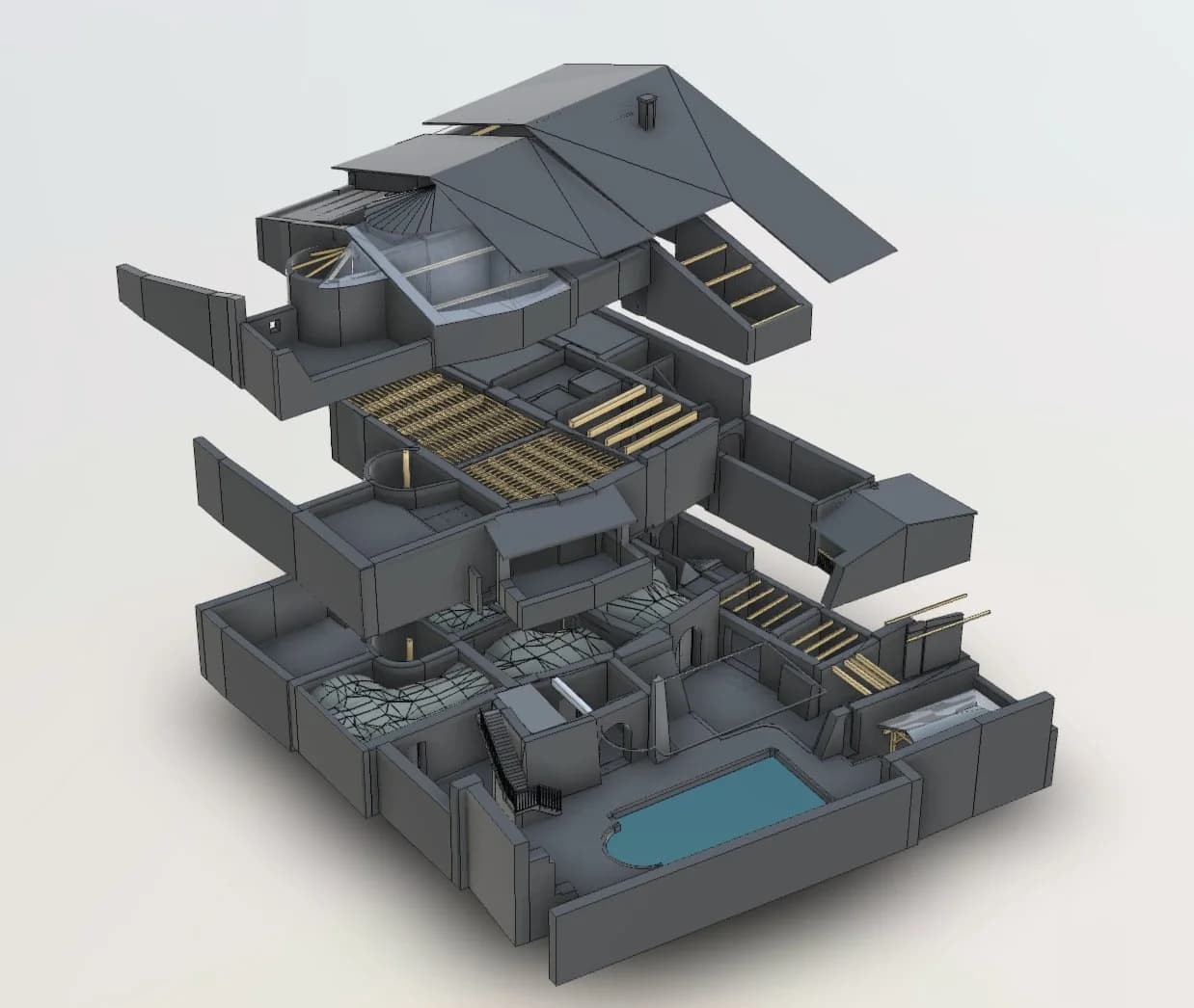 Maquette BIM éclatée niveau par niveau d'une bâtisse ancienne